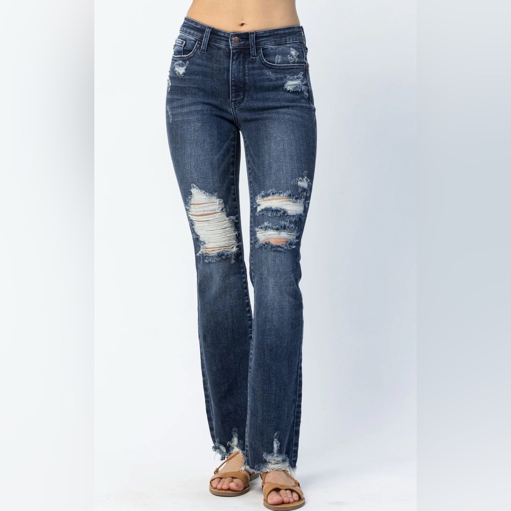 NWT - Judy Blue - Mid-Rise Dark Destroy Slim Bootcut Denim Jeans - Size 24W